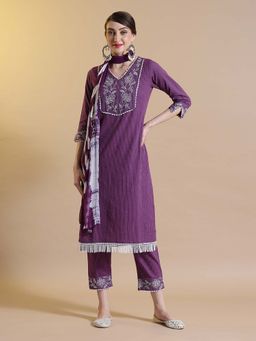 STYLEBAAZI - Purple Embroidered Thread Work Kurta and Pant with Dupatta (Set of 3)