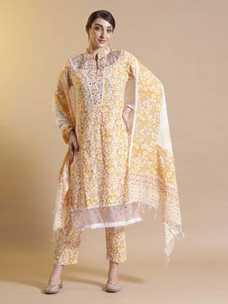 STYLEBAAZI - Yellow Floral Print A-Line Kurta and Pant with Dupatta (Set of 3)
