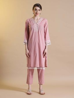 STYLEBAAZI - Embroidered with Tassels Work Straight Kurta and Pant (Set of 2)