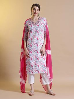 STYLEBAAZI - White Embroidered Kantha Work Kurta and Pant with Dupatta (Set of 3)