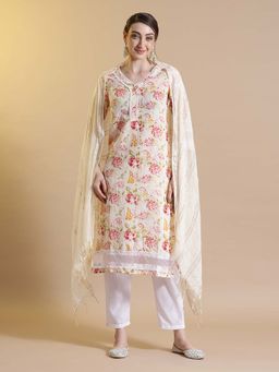 STYLEBAAZI - Yellow Floral Print Thread Work Kurta and Pant with Dupatta (Set of 3)