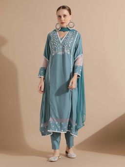 STYLEBAAZI - Blue Embroidered Thread Work Kurta and Pant with Dupatta (Set of 3)