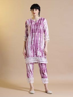STYLEBAAZI - Purple Printed Round Neck Kantha Work Kurta and Pant (Set of 2)