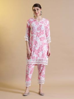 STYLEBAAZI - Floral Printed Round Neck Work Kurta and Pant (Set of 2)
