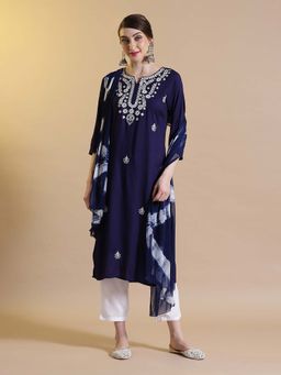 STYLEBAAZI - Navy Blue Embroidered Thread Work Kurta and Pant with Dupatta (Set of 3)