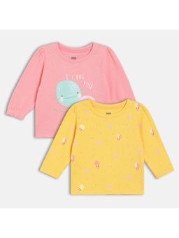 MINI KLUB - Yellow & Pink Cotton Full Sleeves Text Printed Tops (Pack of 2)