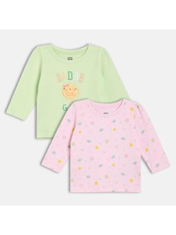MINI KLUB - Green & Pink Cotton Full Sleeves Text & Planet Printed Tops (Pack of 2)