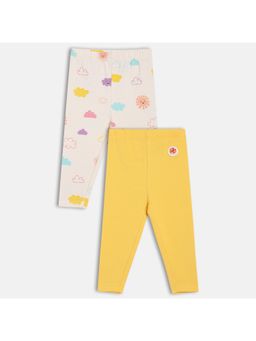 MINI KLUB - Pink & Yellow Cotton Solid & Cloud Printed Pants (Pack of 2)