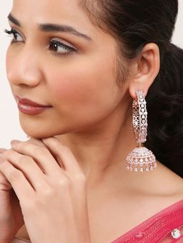 Khushi Jewels - Rose Gold Finish Hoops Style Zircon Diamonds Earrings with Jhumkis