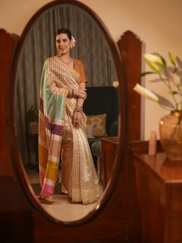 Dressfolk - Handwoven Ivory with Gold Metallic Stripes Handloom Silk Saree with Colourful Palla