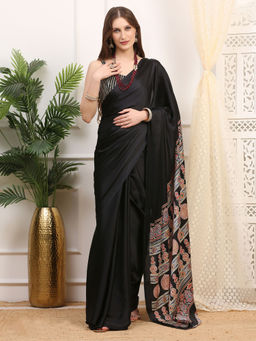 Dress & Dazzle - Black Ajrakh Saree with Unstitched Blouse