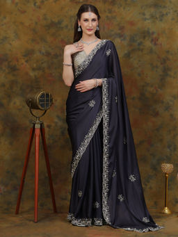Dress & Dazzle - Steel Grey Satin Silk Saree with Unstitched Blouse