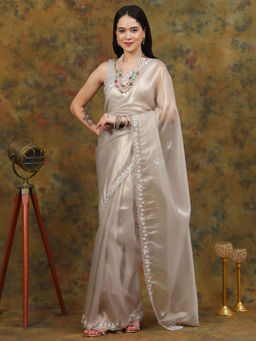 Dress & Dazzle - Silver Organza Tissue Saree with Unstitched Blouse