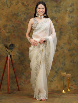 Dress & Dazzle - Ivory Crepe Chiffon Saree with Unstitched Blouse