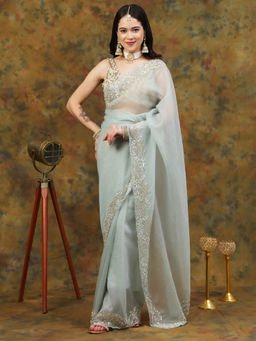 Dress & Dazzle - Mint Green Crepe Chiffon Saree with Unstitched Blouse