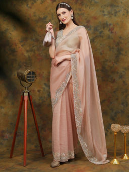 Dress & Dazzle - Peach Crepe Chiffon Saree with Unstitched Blouse