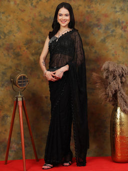 Dress & Dazzle - Black Georgette Sequin Saree with Unstitched Blouse