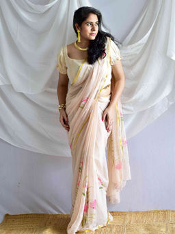 Sundarii - Off White Pankhuri Hand Painted Chiffon Saree with Unstitched Blouse