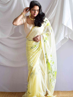 Sundarii - Yellow Pankhuri Hand Painted Chiffon Saree with Unstitched Blouse