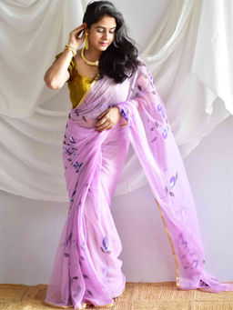 Sundarii - Purple Grace Of Spring Hand Painted Chiffon Saree with Unstitched Blouse
