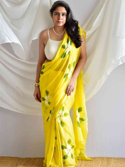 Sundarii - Yellow Amaltaas Hand Painted Chiffon Saree with Unstitched Blouse