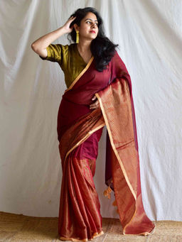 Sundarii - Maroon Khumaari Mul Tissue Saree with Unstitched Blouse