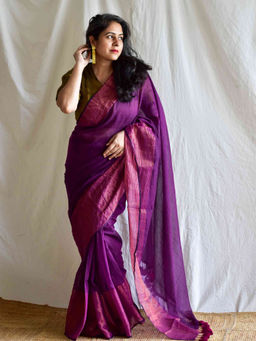 Sundarii - Purple Royalty Mul Tissue Saree with Unstitched Blouse