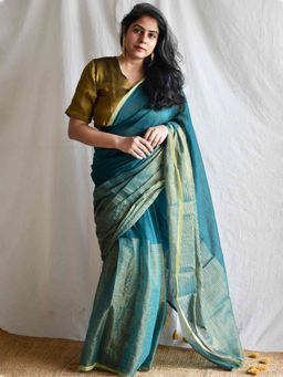 Sundarii - Teal Kishori Mul Tissue Saree with Unstitched Blouse