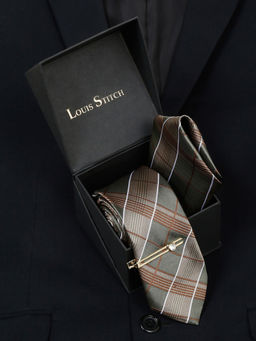 Louis Stitch - Mens Checkered Green Silk Necktie Accessory Gift Set