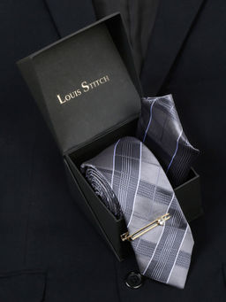 Louis Stitch - Mens Checkered Grey Silk Necktie Accessory Gift Set