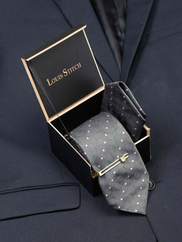Louis Stitch - Mens Polka Grey Silk Necktie Accessory Gift Set