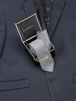 Louis Stitch - Mens Checkered Grey Silk Necktie Accessory Gift Set