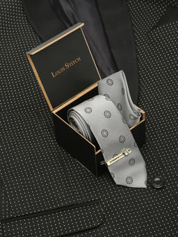 Louis Stitch - Mens Polka Grey Silk Necktie Accessory Gift Set