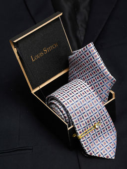 Louis Stitch - Mens Cloud Grey Silk Necktie Accessory Gift Set