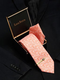 Louis Stitch - Mens Coral Silk Necktie Accessory Gift Set