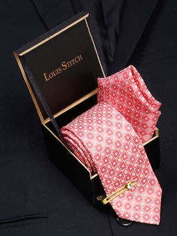 Louis Stitch - Mens Salmon Peach Silk Necktie Accessory Gift Set