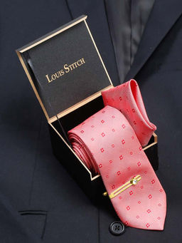 Louis Stitch - Mens Sea Pink Silk Necktie Accessory Gift Set