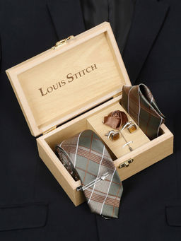 Louis Stitch - Mens Checkered Green Silk Necktie Accessory Gift Set