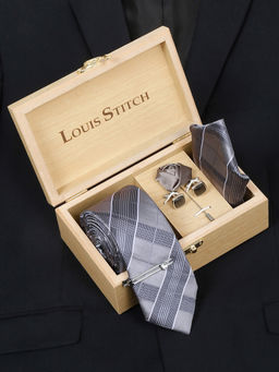 Louis Stitch - Mens Checkered Grey Silk Necktie Accessory Gift Set