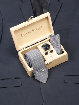 Louis Stitch - Mens Checkered Grey Silk Necktie Accessory Gift Set