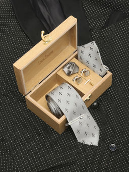 Louis Stitch - Mens Arrow Grey Silk Necktie Accessory Gift Set