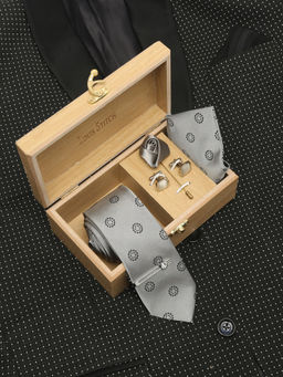 Louis Stitch - Mens Polka Grey Silk Necktie Accessory Gift Set