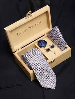 Louis Stitch - Mens Cloud Grey Silk Necktie Accessory Gift Set