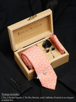 Louis Stitch - Mens Coral Silk Necktie Accessory Gift Set