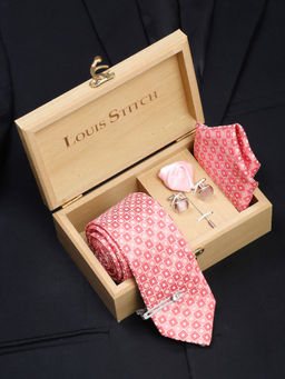 Louis Stitch - Mens Salmon Peach Silk Necktie Accessory Gift Set