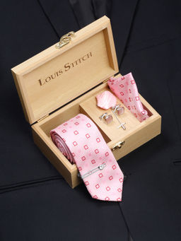 Louis Stitch - Mens Blush Peach Silk Necktie Accessory Gift Set