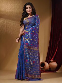 Arhi - Sapphire Blue Cotton Handwoven jamdhani Saree with Multicolor Designs and Motifs