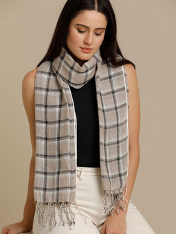 Linen Club - Beige Checked Pure Linen Unisex Stole
