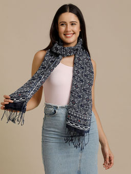 Linen Club - Blue Printed Pure Linen Unisex Stole