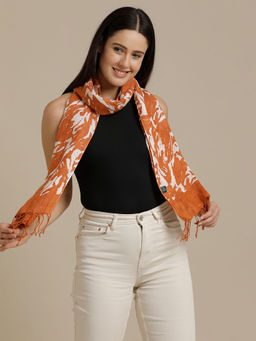 Linen Club - Orange Printed Pure Linen Unisex Stole